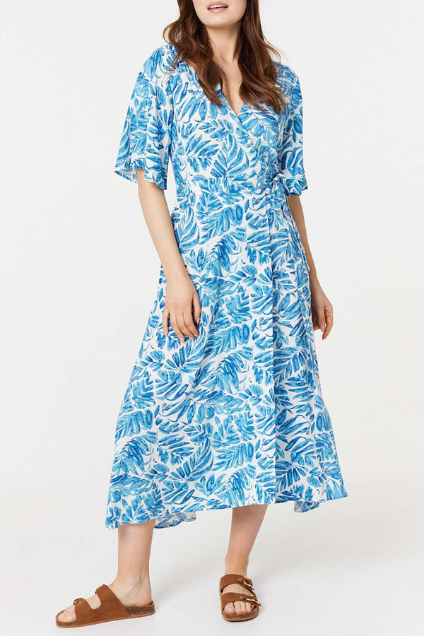 BLUE | Leaf Print 1/2 Sleeve Midi Wrap Dress