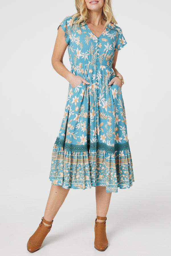 MULTI GREEN | Floral Angel Sleeve Midi Dress
