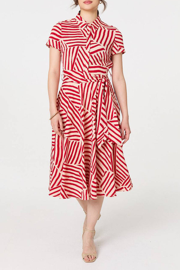 RED | Striped Tie Waist Shirt Midi Dress