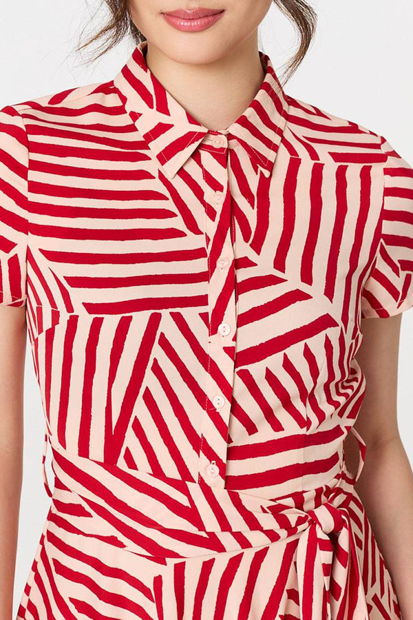 RED | Striped Tie Waist Shirt Midi Dress