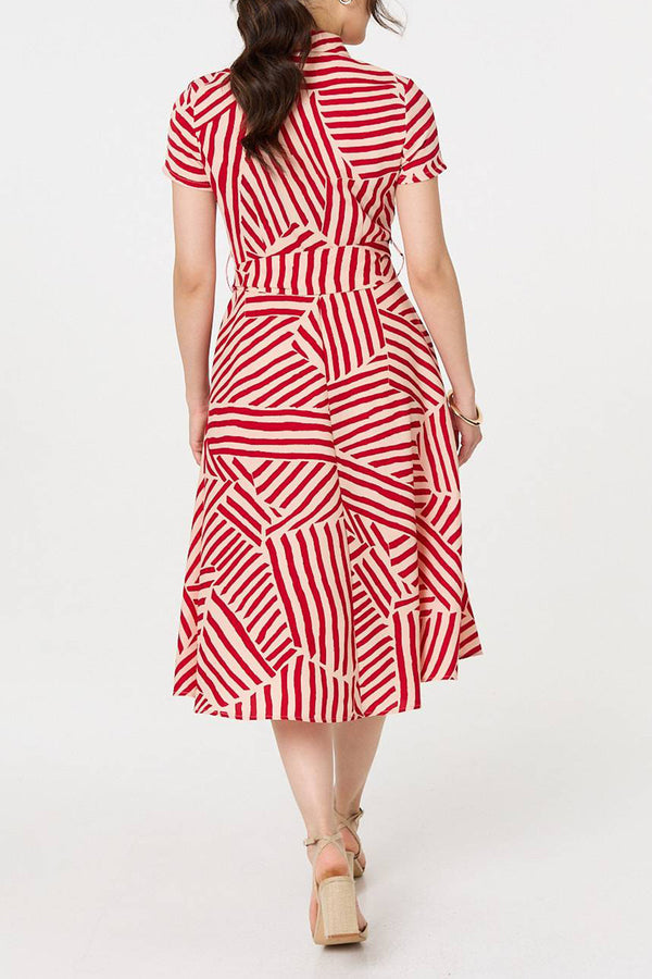 RED | Striped Tie Waist Shirt Midi Dress