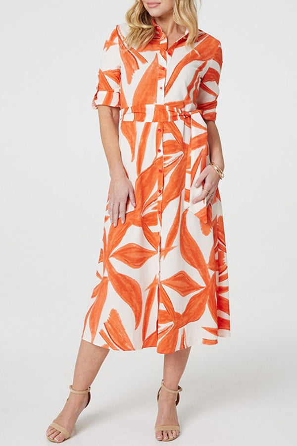 ORANGE | Printed Tie Front Midi Shirt Dress