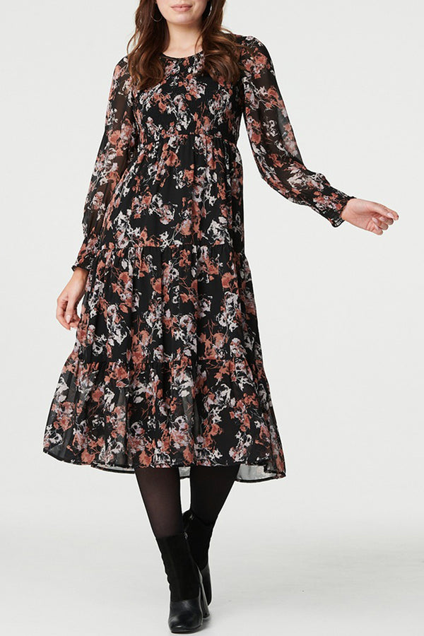 MULTI BLACK | Floral Print Long Sleeve Midi Dress