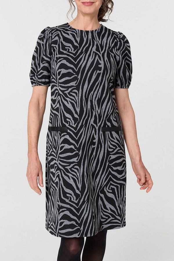 MULTI GREY| Zebra Print Short Sleeve Shift Dress