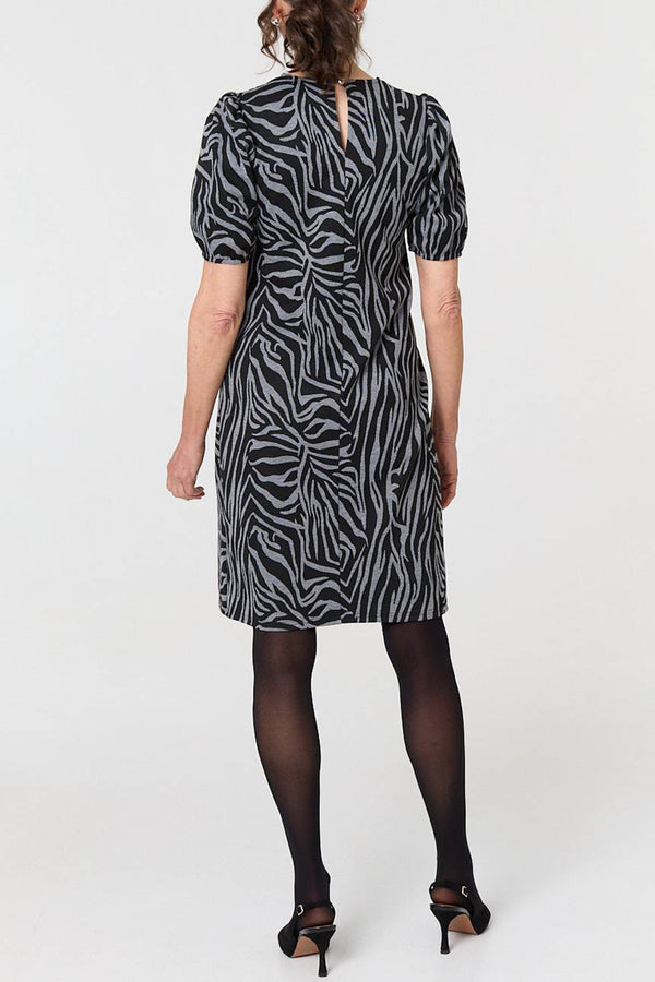 MULTI GREY| Zebra Print Short Sleeve Shift Dress
