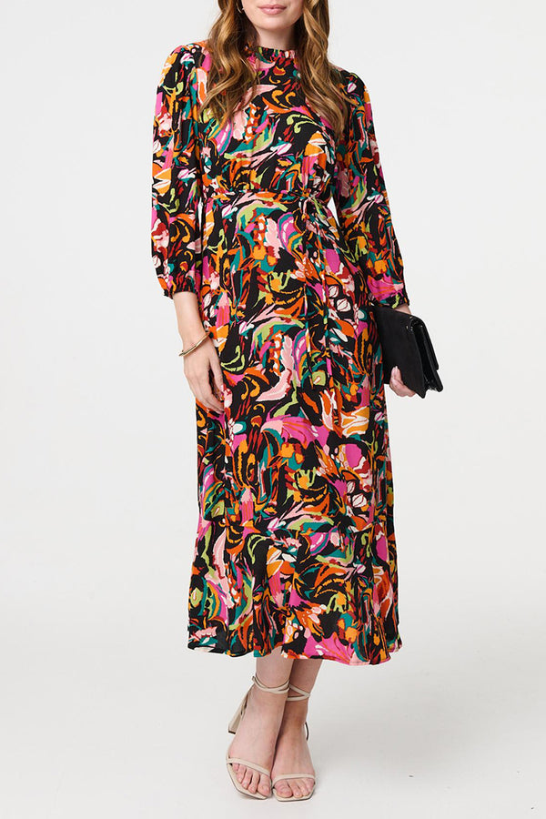 BLACK | Abstract Print High Neck Maxi Dress