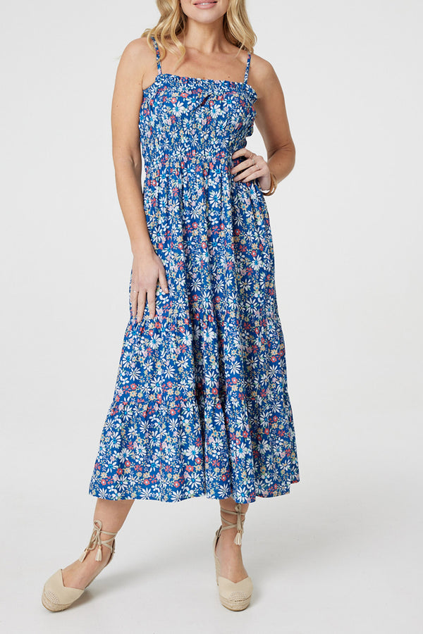 MULTI BLUE | Floral Cami Strap Maxi Smock Dress