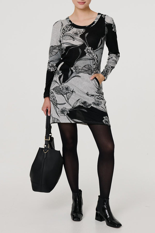 MULTI GREY | Floral Long Sleeve Short Shift Dress