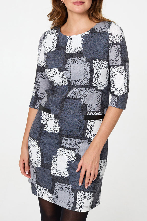 GREY | Printed 3/4 Sleeve Short Shift Dress