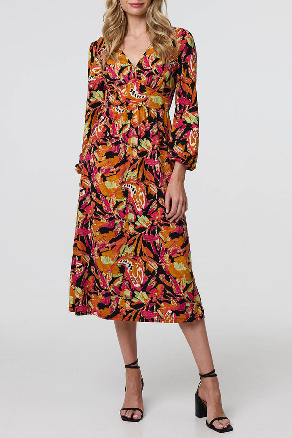 MULTI ORANGE | Tropical Print Empire Waist Midi Dress