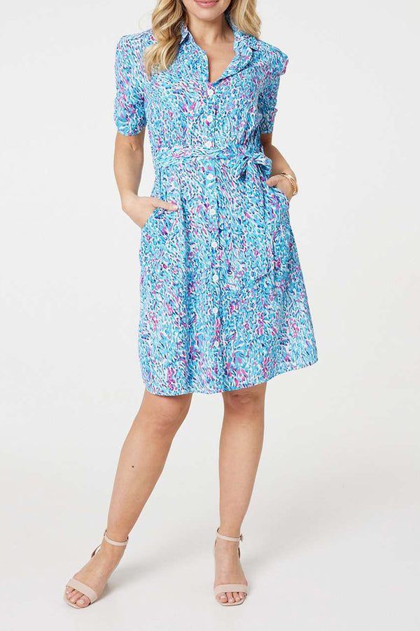 BLUE | Printed Knee Length Shirt Dress