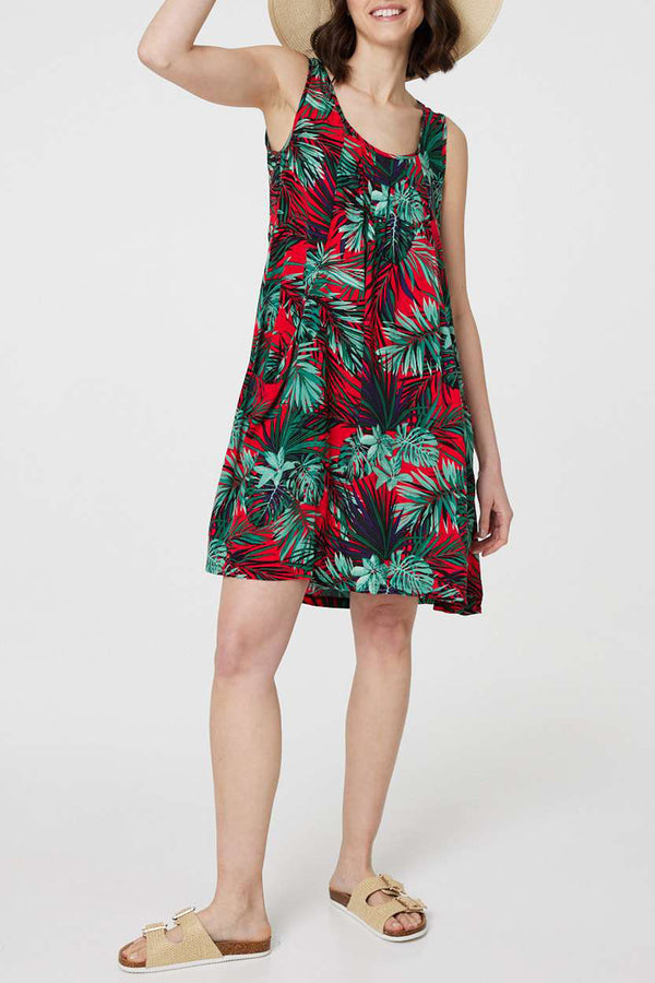 MULTI RED | Leaf Print Sleeveless Short Dress