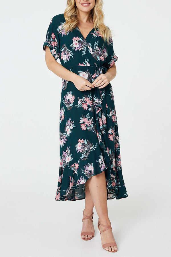 DARK GREEN | Floral Frill Hem V-Neck Midi Dress