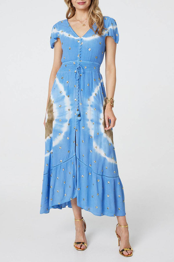 MULTI BLUE | Tie Dye Tassel Back V-Neck Maxi Dress