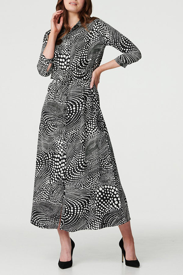 MULTI BLACK | Polka Dot Print Fitted Shirt Dress