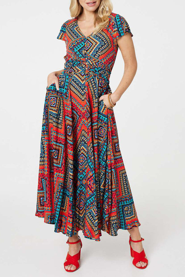 MULTI RED | Aztec Print Angel Sleeve Maxi Dress