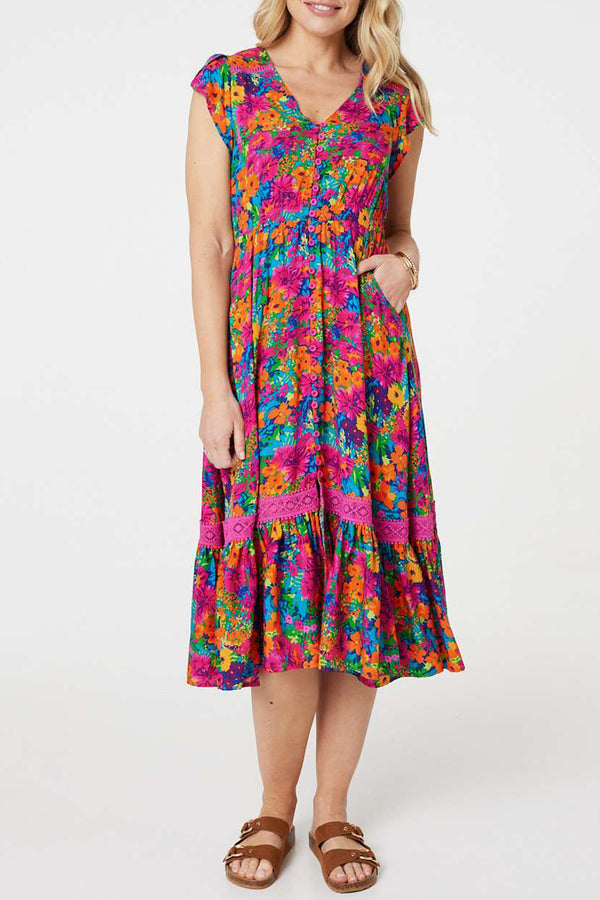 MULTI PINK | Floral Lace Trim Midi Dress