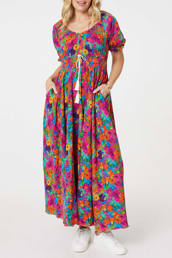 MULTI PINK | Floral Tassel Waist Maxi Dress