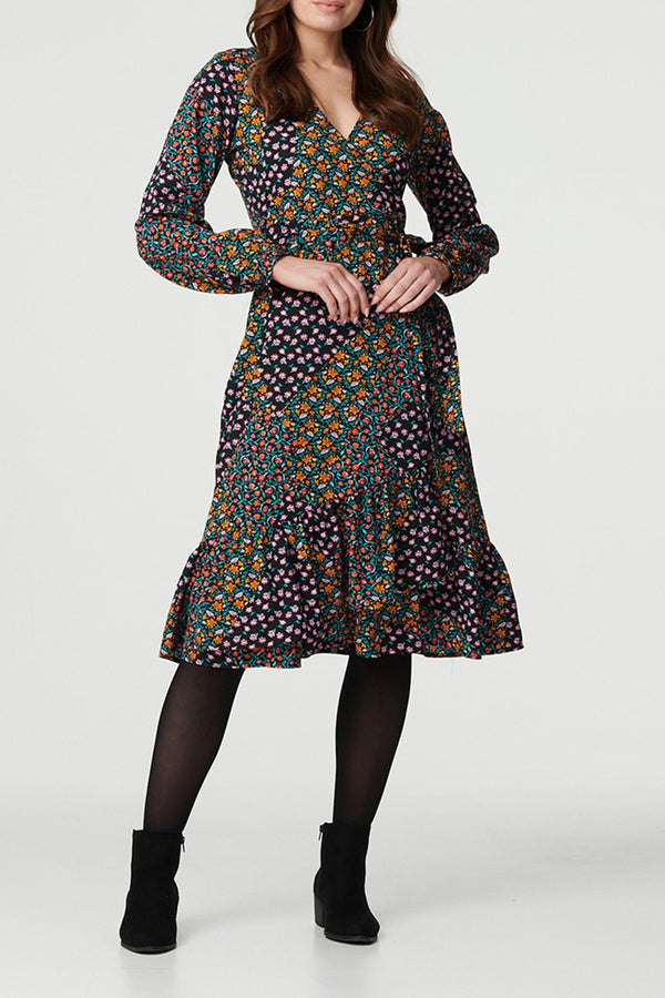 MULTI BLACK | Floral Patchwork Print Wrap Midi Dress