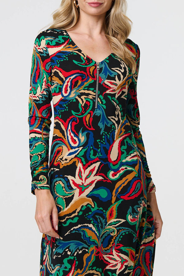 MULTI BLUE | Tropical Print Zip Front Maxi Dress