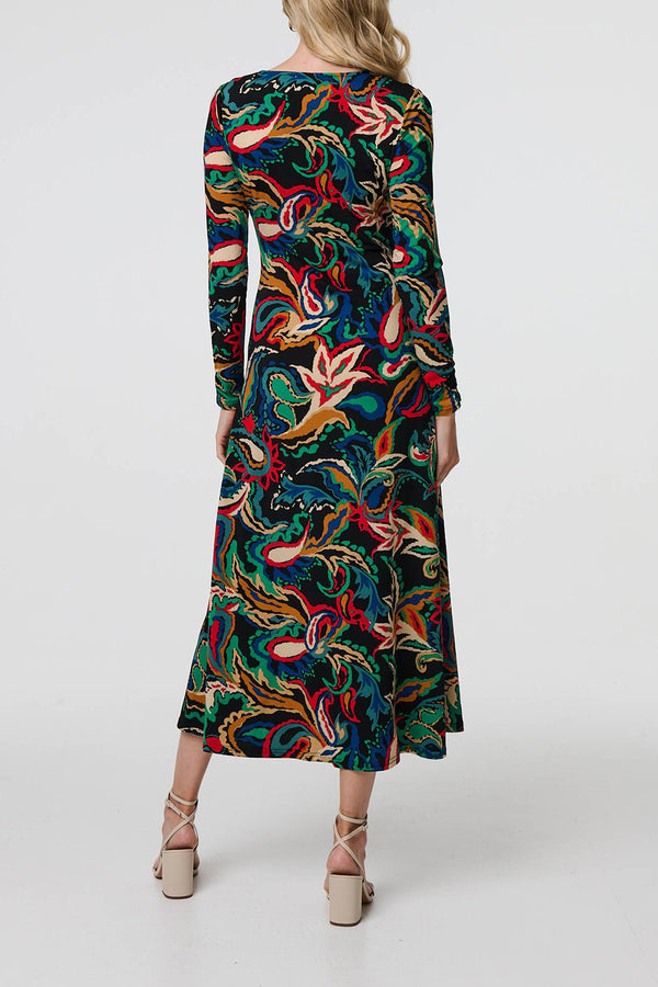 MULTI BLUE | Tropical Print Zip Front Maxi Dress