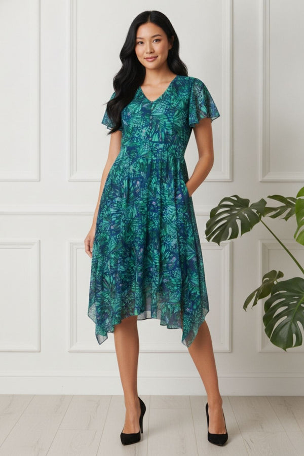 Printed Layered Hanky Hem Midi Dress| GREEN