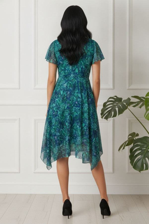 Printed Layered Hanky Hem Midi Dress| GREEN
