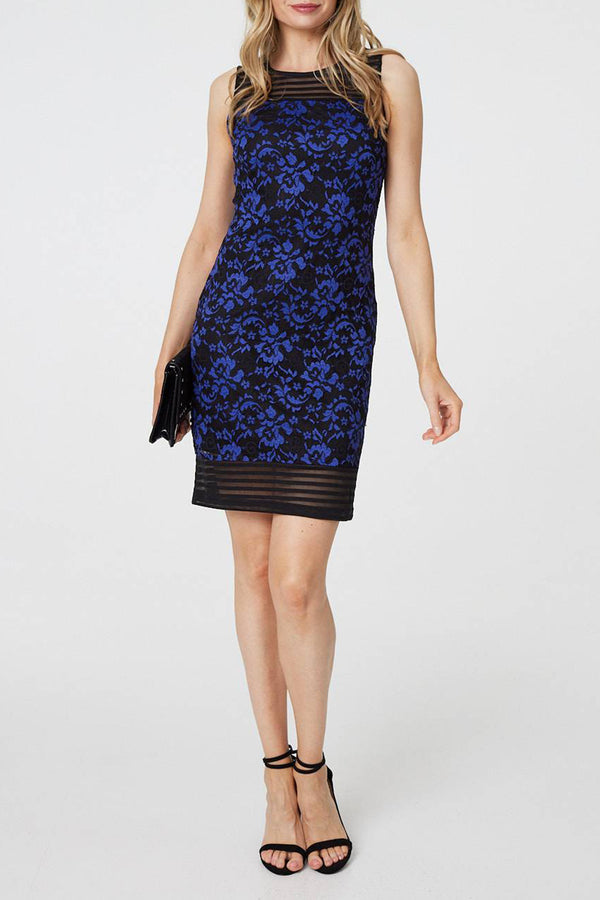 BLUE | Floral Lace Sheer Sleeveless Short Dress