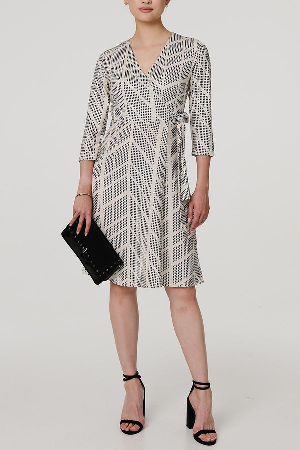 CREAM | Geo Print 3/4 Sleeve Knee Length Wrap Dress