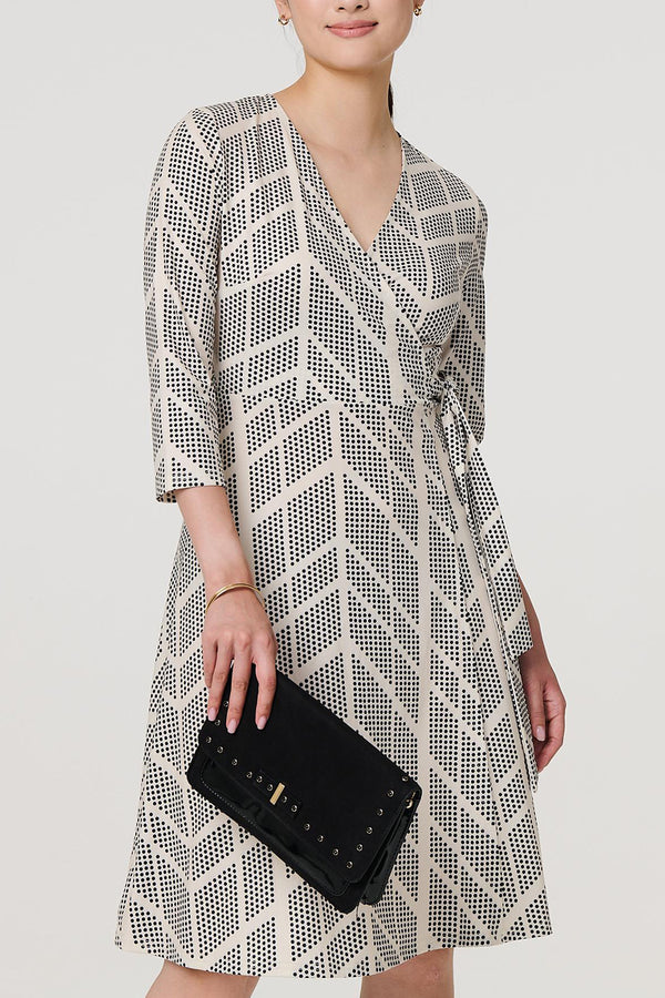 CREAM | Geo Print 3/4 Sleeve Knee Length Wrap Dress