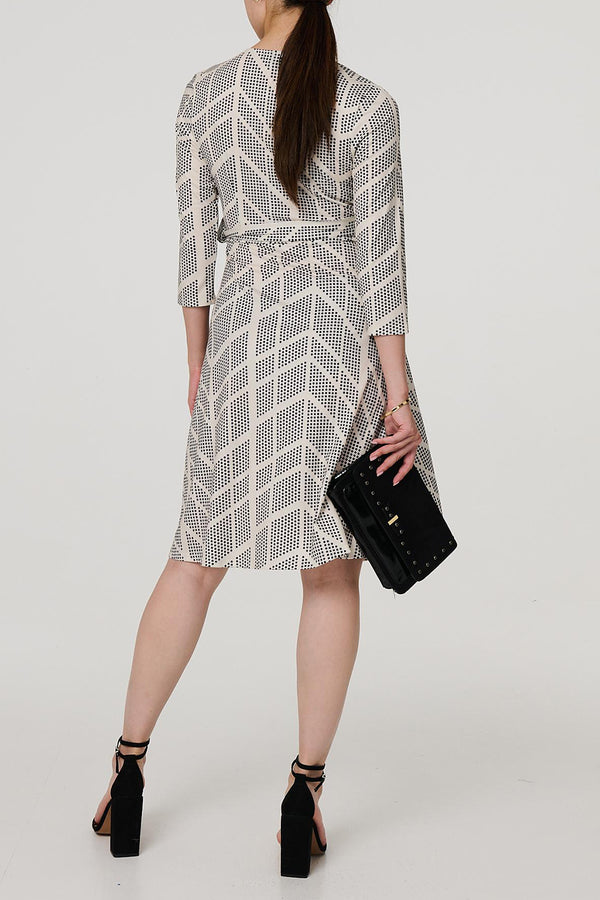 CREAM | Geo Print 3/4 Sleeve Knee Length Wrap Dress
