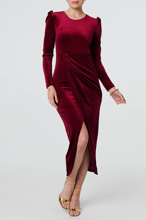 RED | Velvet Ruched Long Sleeve Midi Dress