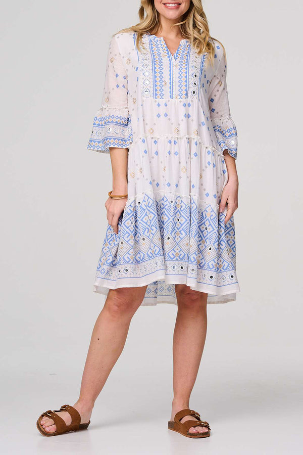 WHITE AND NAVY | Printed Embroidered Short Smock Dress