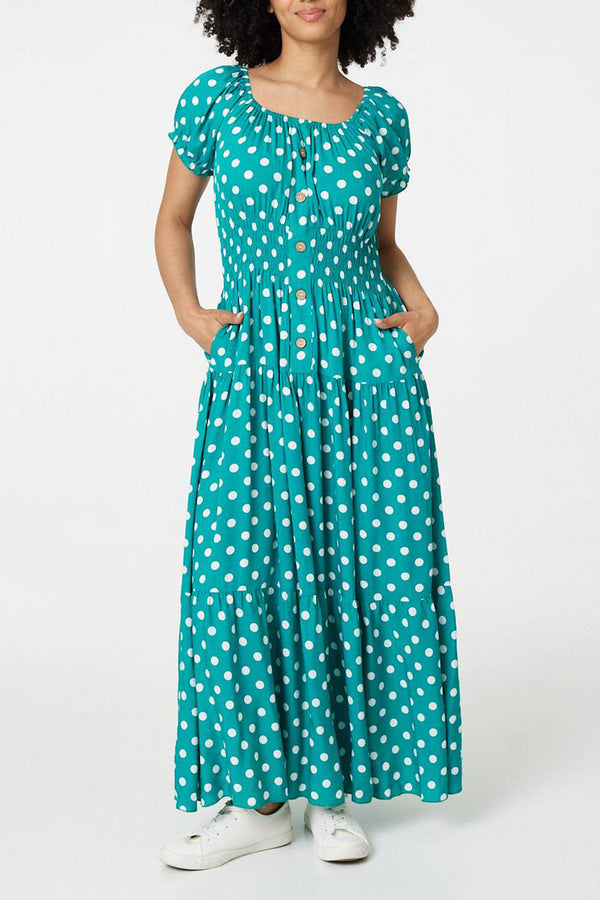 GREEN | Polka Dot Print Smocked Maxi Dress