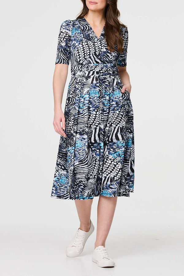 NAVY | Abstract Print Faux Wrap Midi Dress