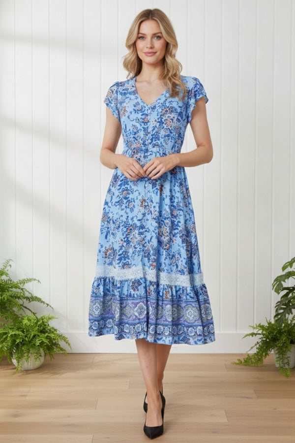 Paisley Cap Sleeve Lace Trim Midi Dress | BLUE
