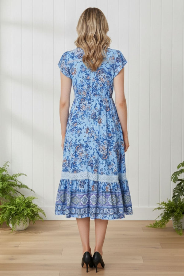 Paisley Cap Sleeve Lace Trim Midi Dress | BLUE