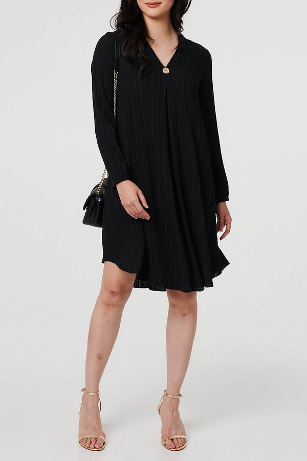BLACK | Textured Long Sleeve Smock Dress
