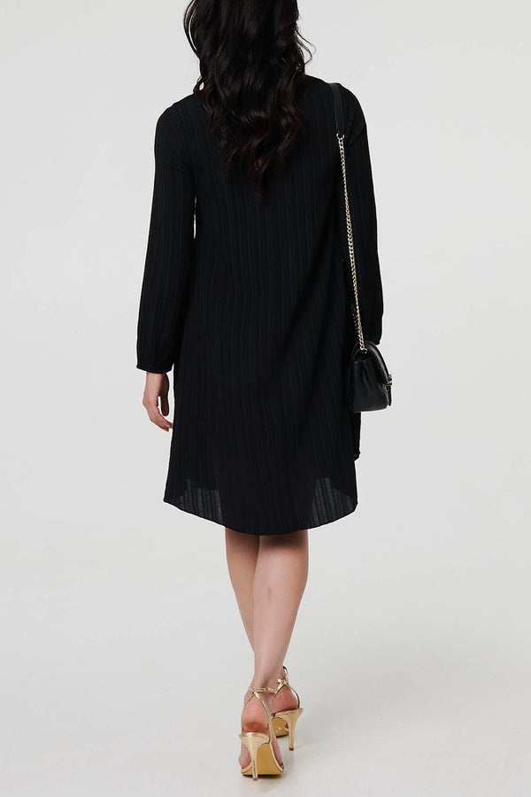 BLACK | Textured Long Sleeve Smock Dress