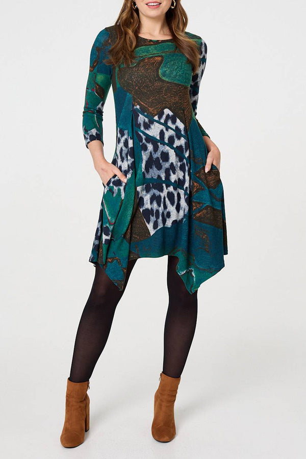 GREEN | Printed Hanky Hem 3/4 Sleeve Dress