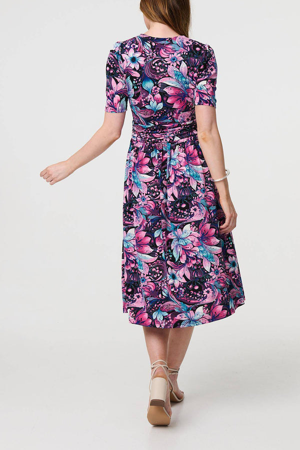 MULTI PINK | Floral Ruched Pleated Wrap Midi Dress