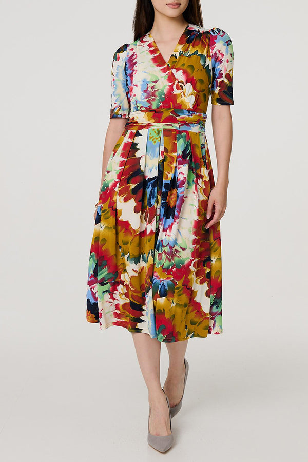 MULTI ORANGE | Tie Dye Peated Faux Wrap Midi Dress