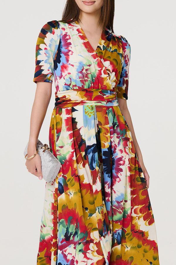 MULTI ORANGE | Tie Dye Peated Faux Wrap Midi Dress