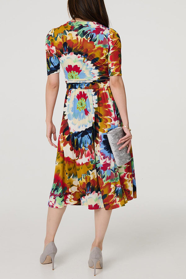 MULTI ORANGE | Tie Dye Peated Faux Wrap Midi Dress