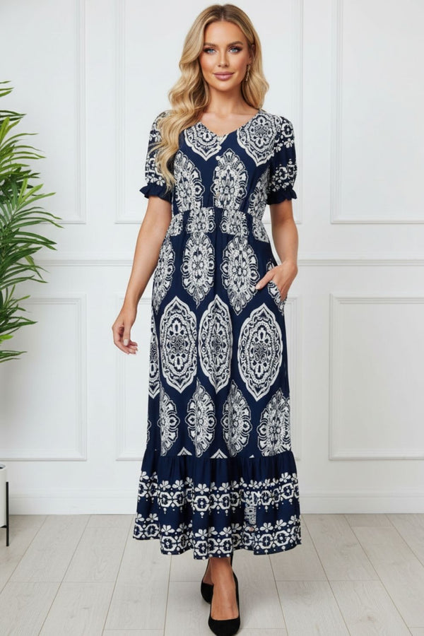 Printed Shirred Puff Sleeve Maxi Dress