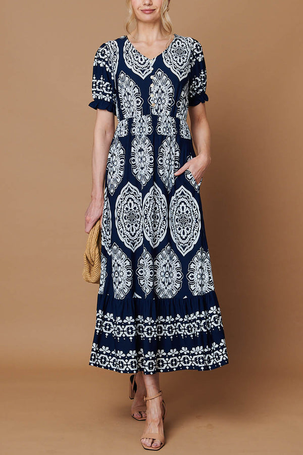 Printed Shirred Puff Sleeve Maxi Dress| NAVY