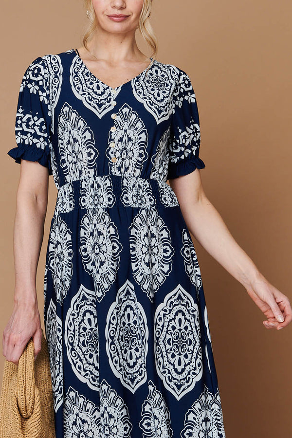 Printed Shirred Puff Sleeve Maxi Dress| NAVY
