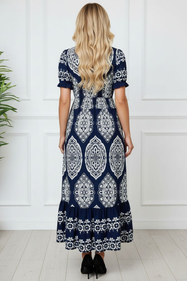 Printed Shirred Puff Sleeve Maxi Dress