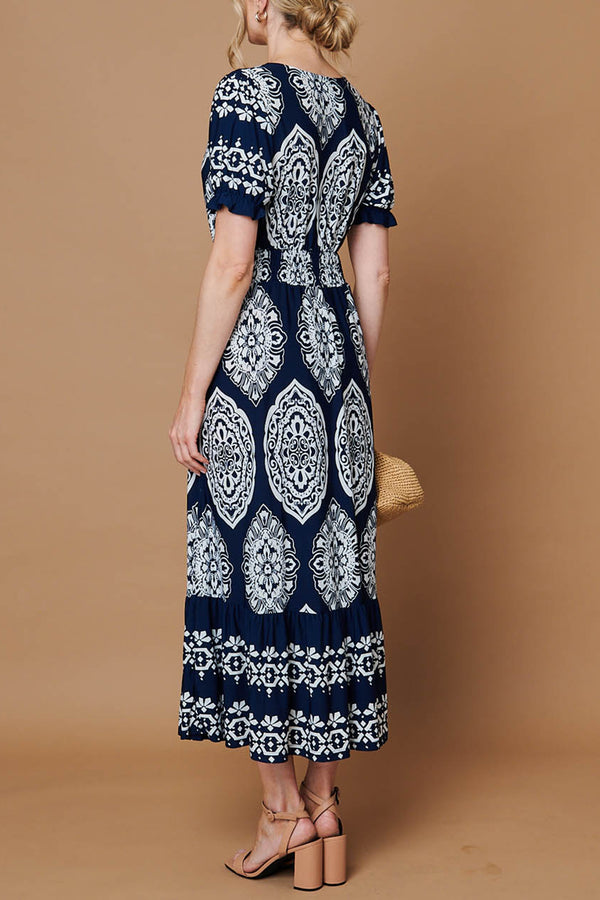 Printed Shirred Puff Sleeve Maxi Dress| NAVY