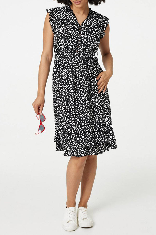 BLACK | Printed Frill Cap Sleeve Short Dress
